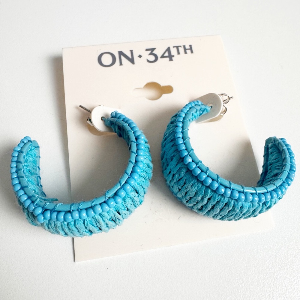 On 35th Blue Color Seed Bead & Raffia C-Hoop Earrings, Post Back, 1.25" NWT